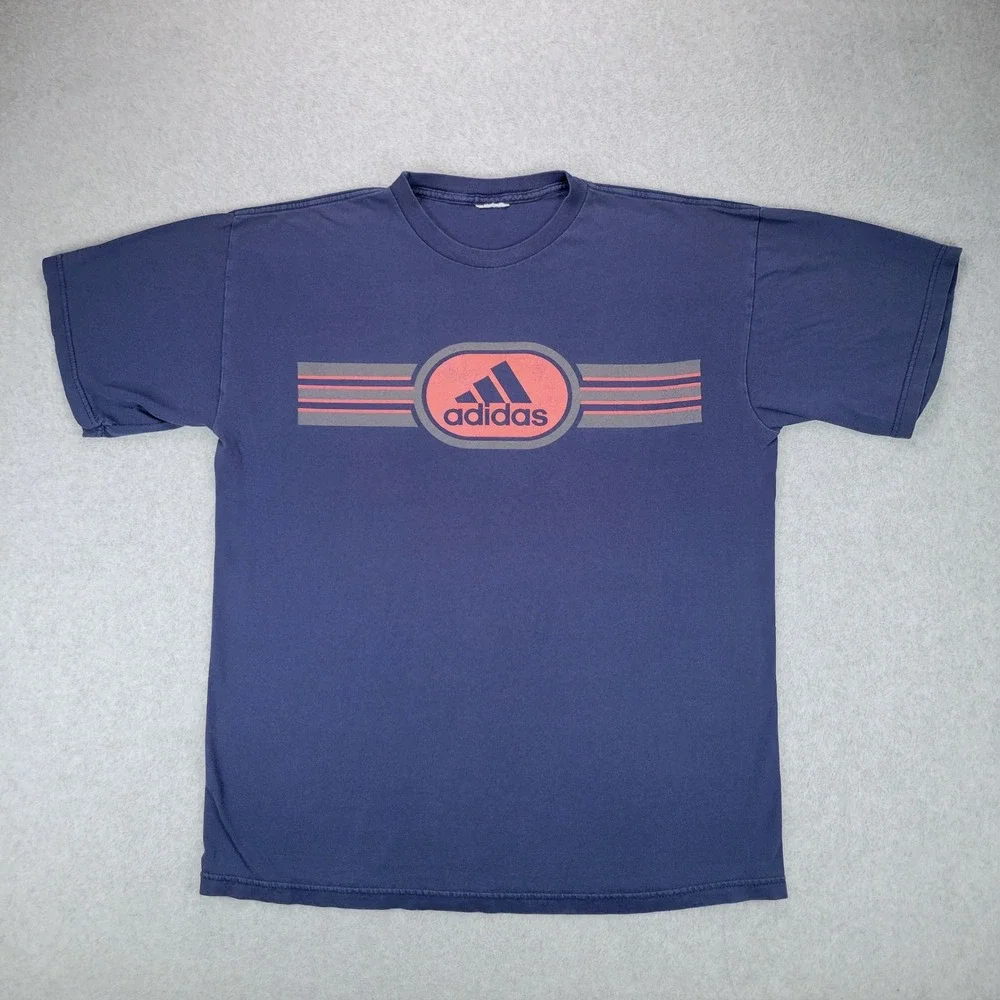 Adidas Graphic T-Shirt Mens XL Navy Blue Heavy Cotton Vintage 90s Sport Stripe